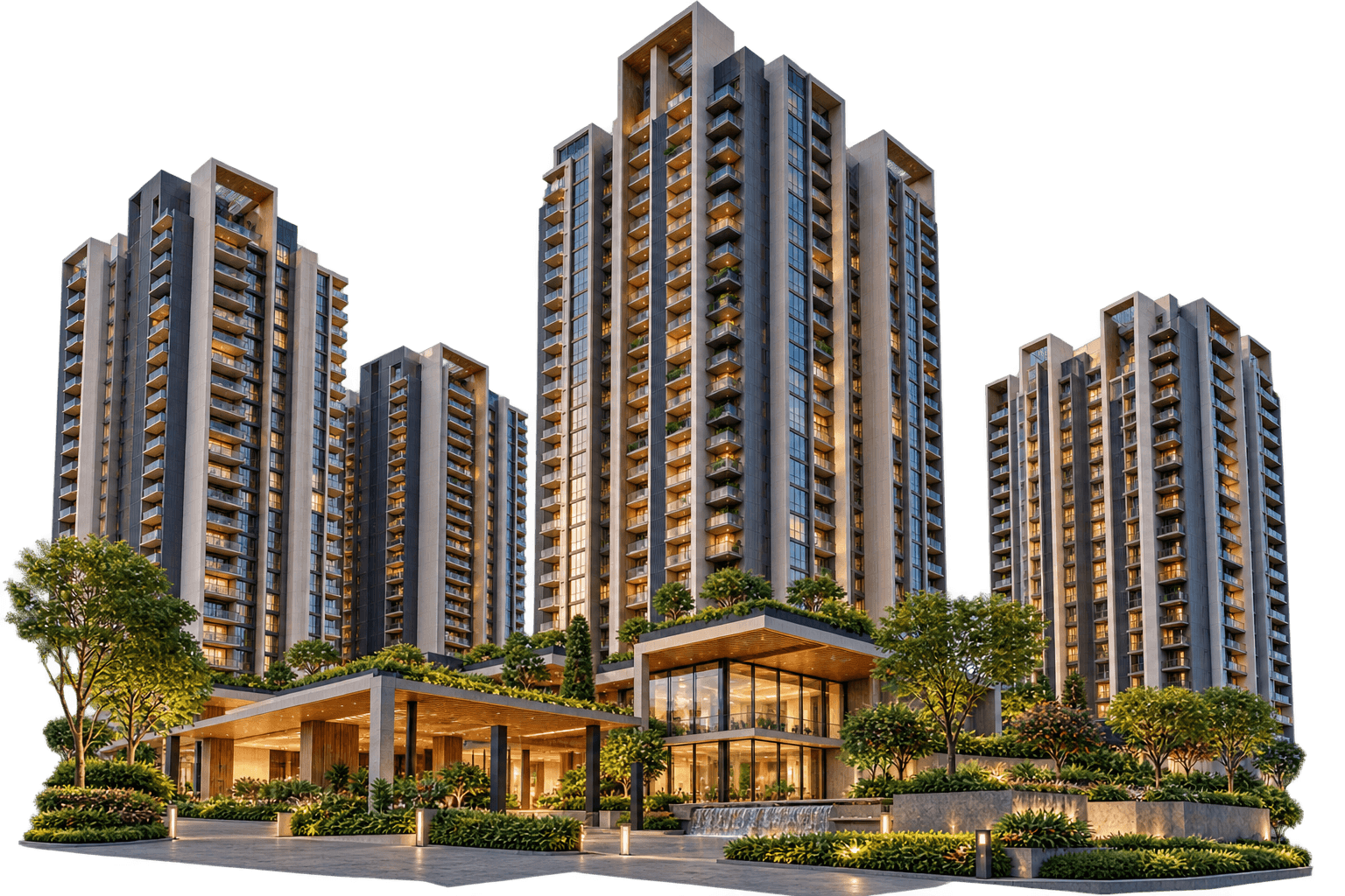 Modern high-rise residences glowing at dusk